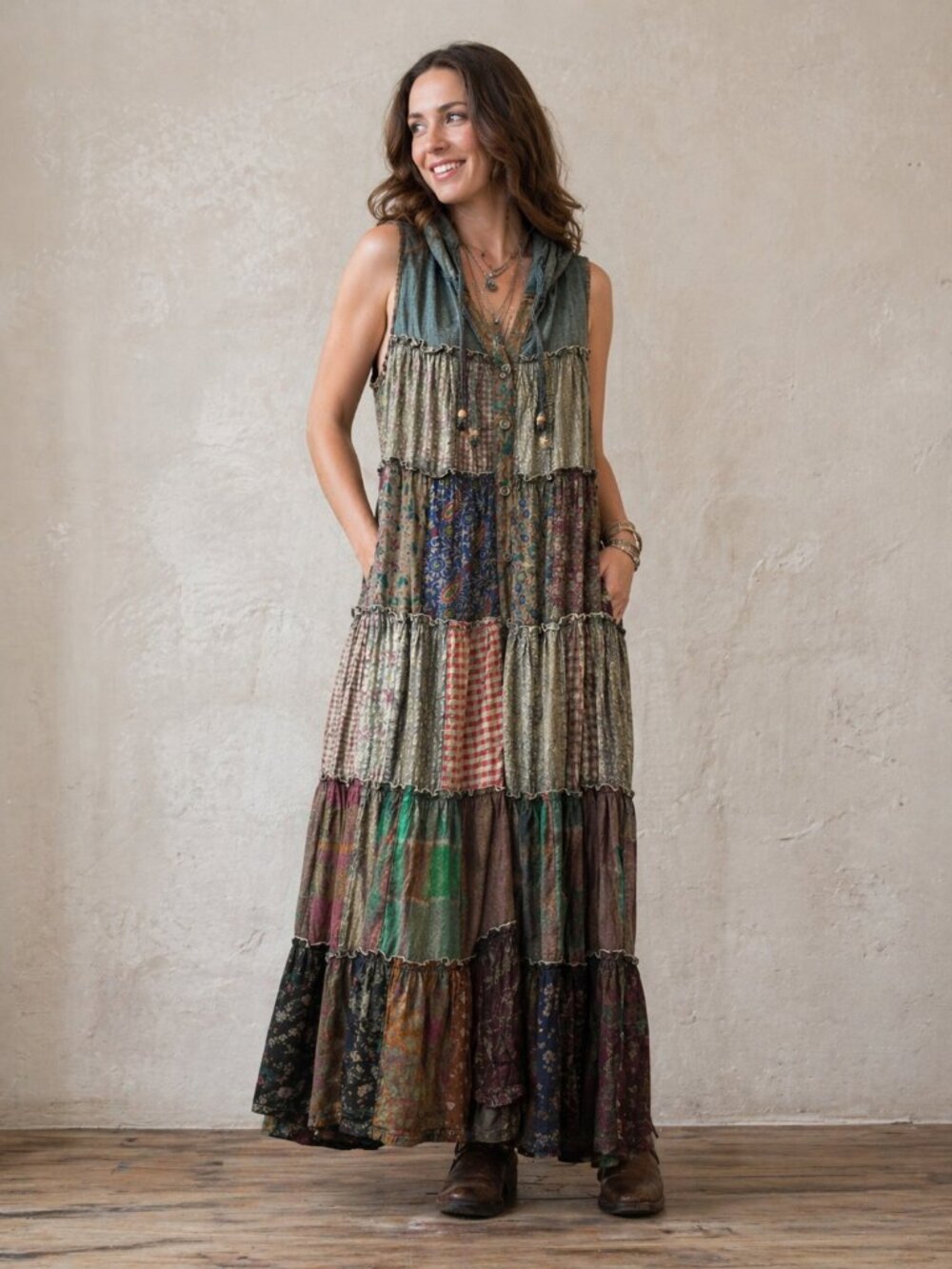 Young Threads Patchwork Hooded Midi Dress | 100% Cotton Boho Cottagecore